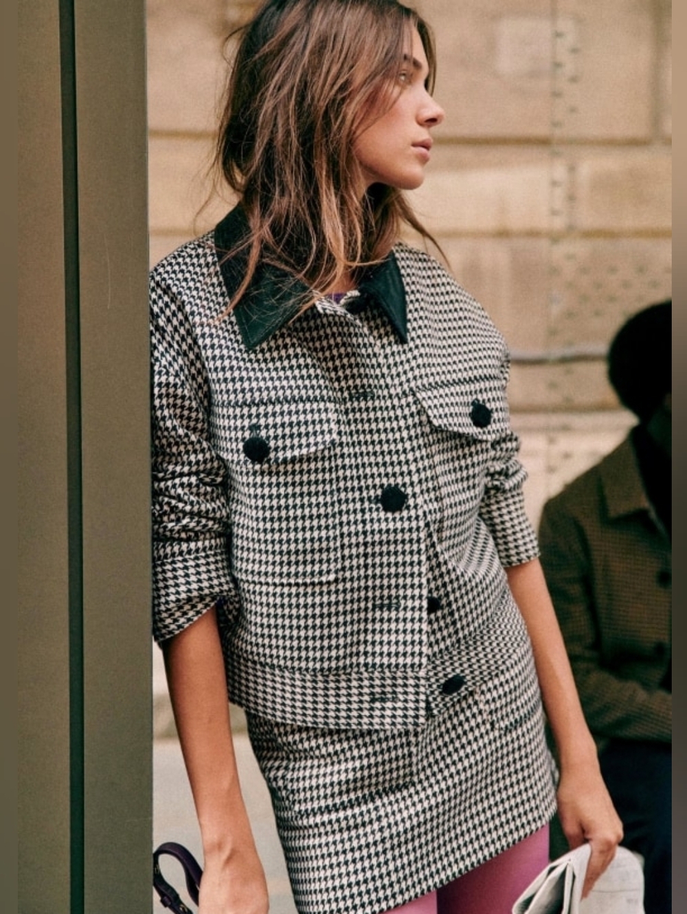 Sezane Erwann Jacket Black/White Houndstooth Size 36 Short Jacket Size Small